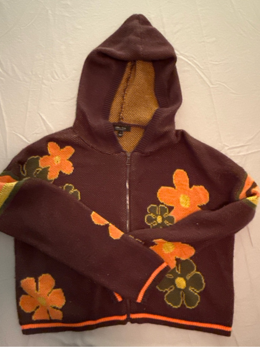 Witty Fox Brown Zip-Up Hooded Sweater with Orange Floral Accents